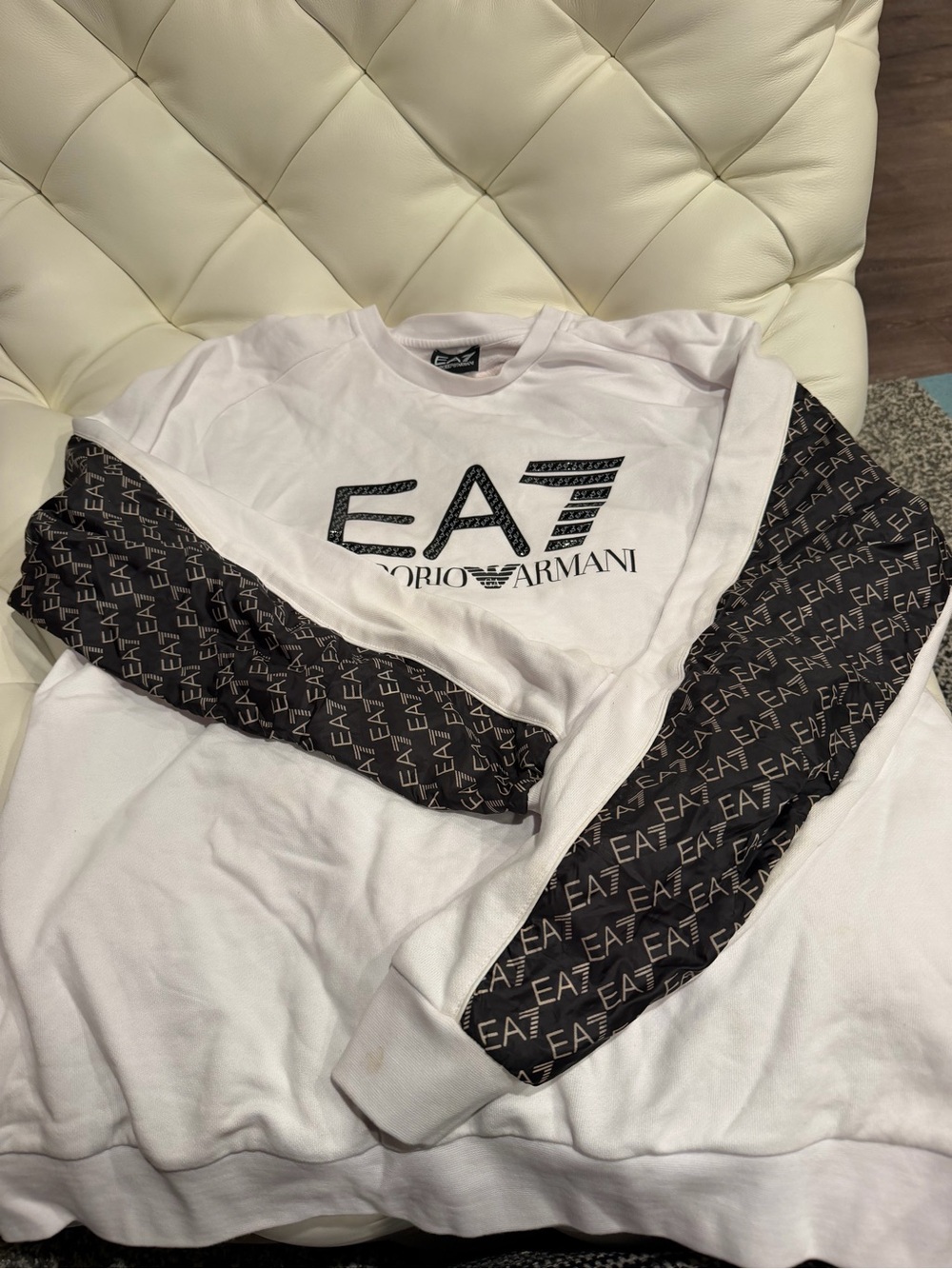 Emporio Armani White Sweatshirt with Black EA7 Patterned Sleeves